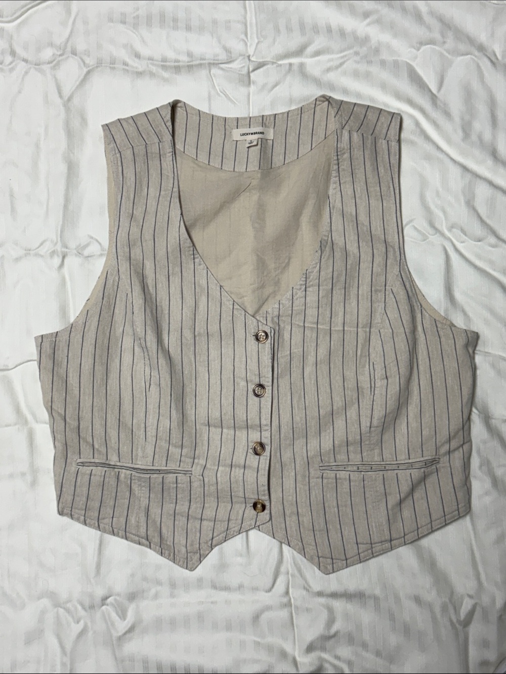 Lucky Brand Beige with Blue Pinstripe Linen Blend Vest
